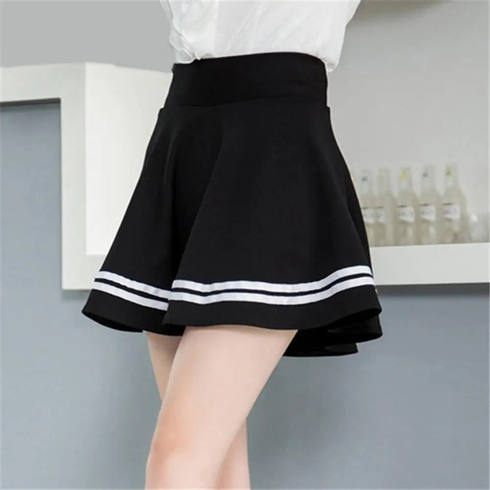 Women Skirt Solid Color Sexy High Waist Stripe Midi Pleated Skirts Girls Black White A Line Mini School Skirt Uniform Large Size