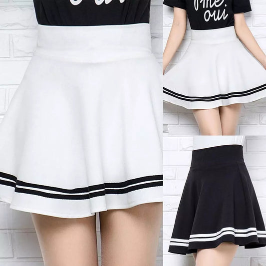 Casual Women Solid Color High Waist Stripes Pleated Stretchy School Mini Skirt School Mini Skirt Women DRESS SHORT DRESS Skirt D