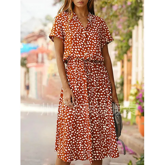 2023 Dress Summer Polka DotLadies Leopard Print Shirt Dress, Bohemian, Mid-length, High Waist, Beachwear, Vacation, Summer