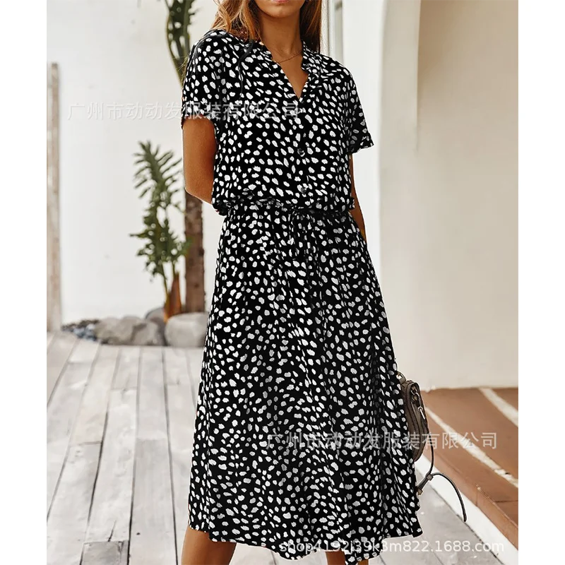 2023 Dress Summer Polka DotLadies Leopard Print Shirt Dress, Bohemian, Mid-length, High Waist, Beachwear, Vacation, Summer