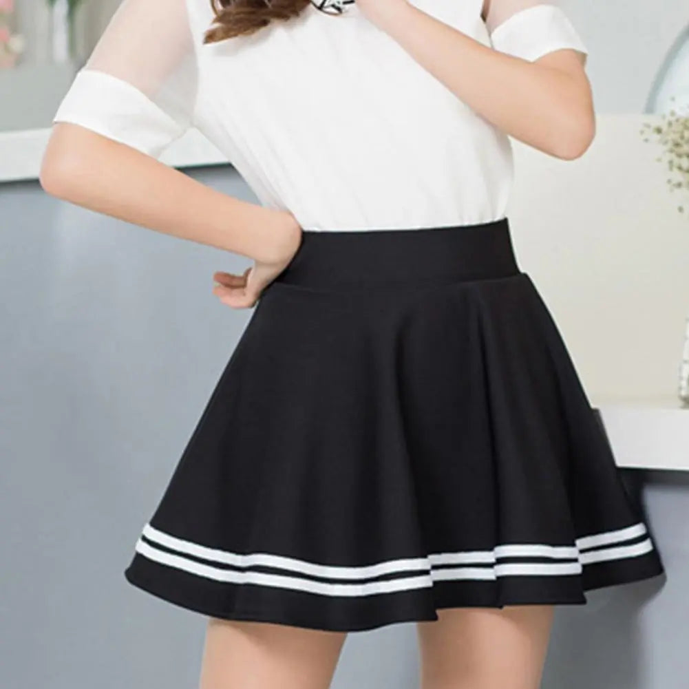 Women Skirt Solid Color Sexy High Waist Stripe Midi Pleated Skirts Girls Black White A Line Mini School Skirt Uniform Large Size