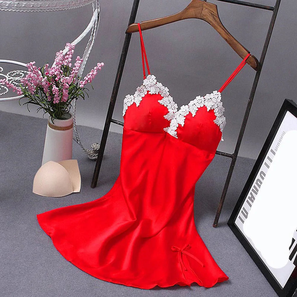 Plus size S-2XL Hot Sexi Women Satin Sexy Bowknot Lace Lingerie Babydoll V-neck Sleepdress Underwear  robes for women Dress