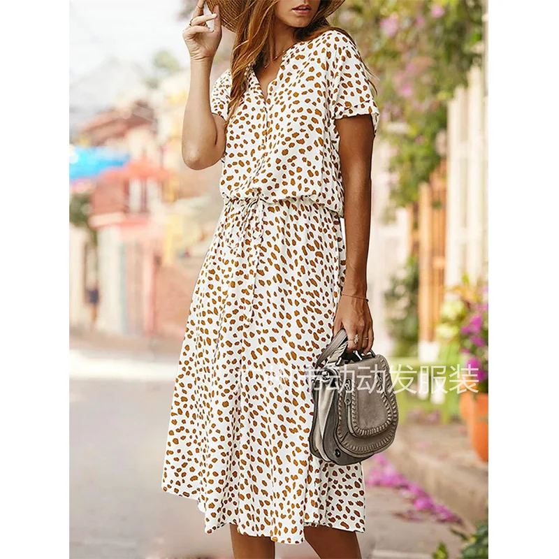 2023 Dress Summer Polka DotLadies Leopard Print Shirt Dress, Bohemian, Mid-length, High Waist, Beachwear, Vacation, Summer