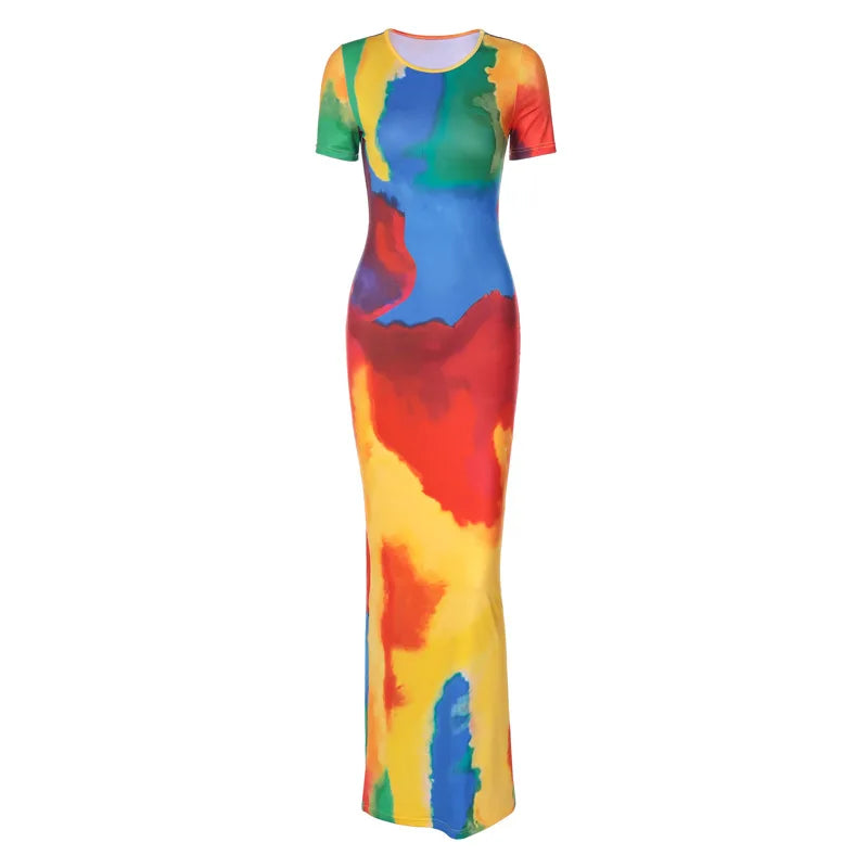 Colorful Tie Dye Short Sleeve Elegant Sexy Slim Maxi Dress 2023 Summer Women Fashion Festival Party Clothes Y2K