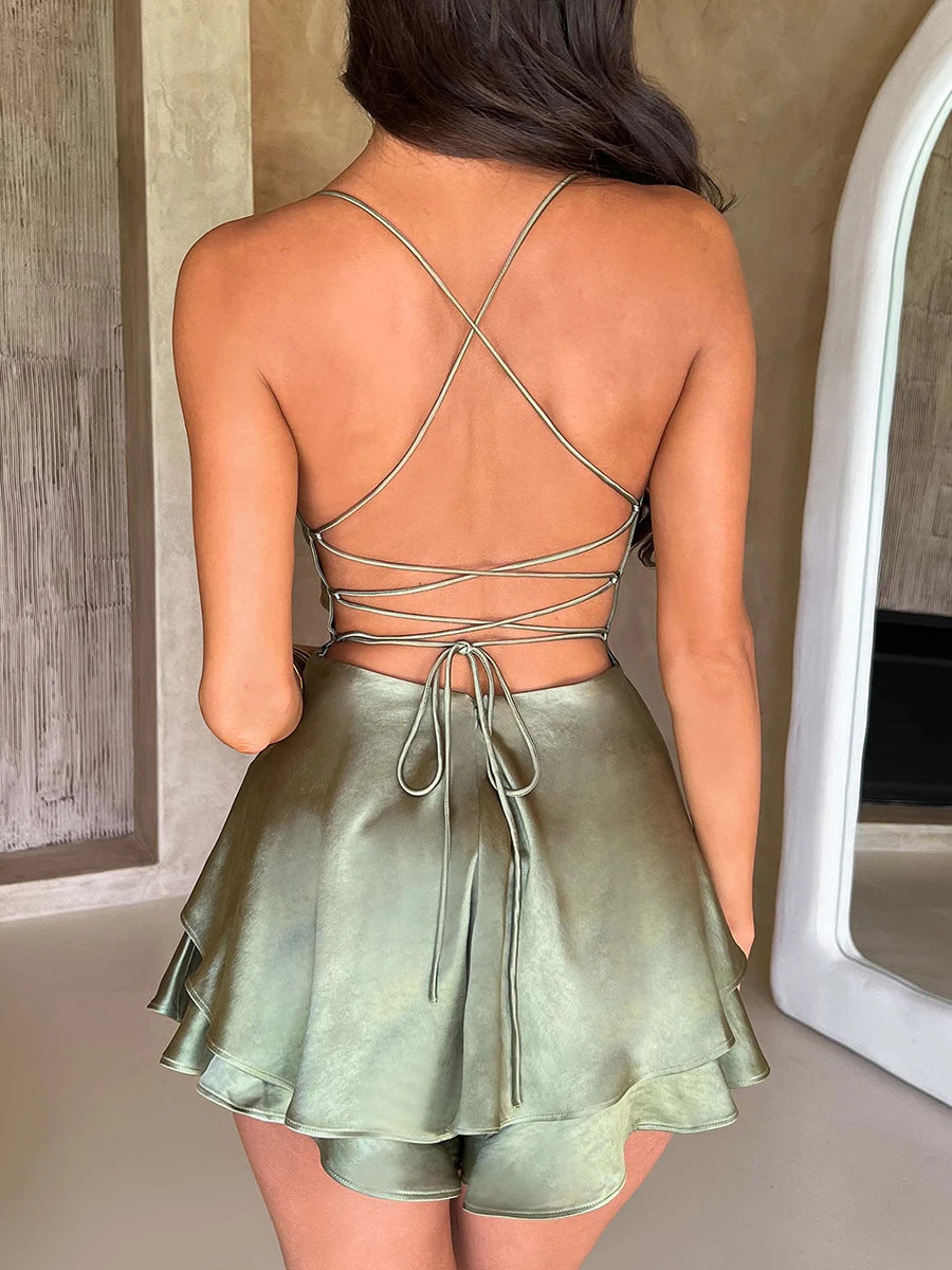 Women Sleeveless Satin Playsuits Fashion Summer Short Sling Backless Jumpsuits Cross Tie-Up Bandage Romper Streetwear Outfit