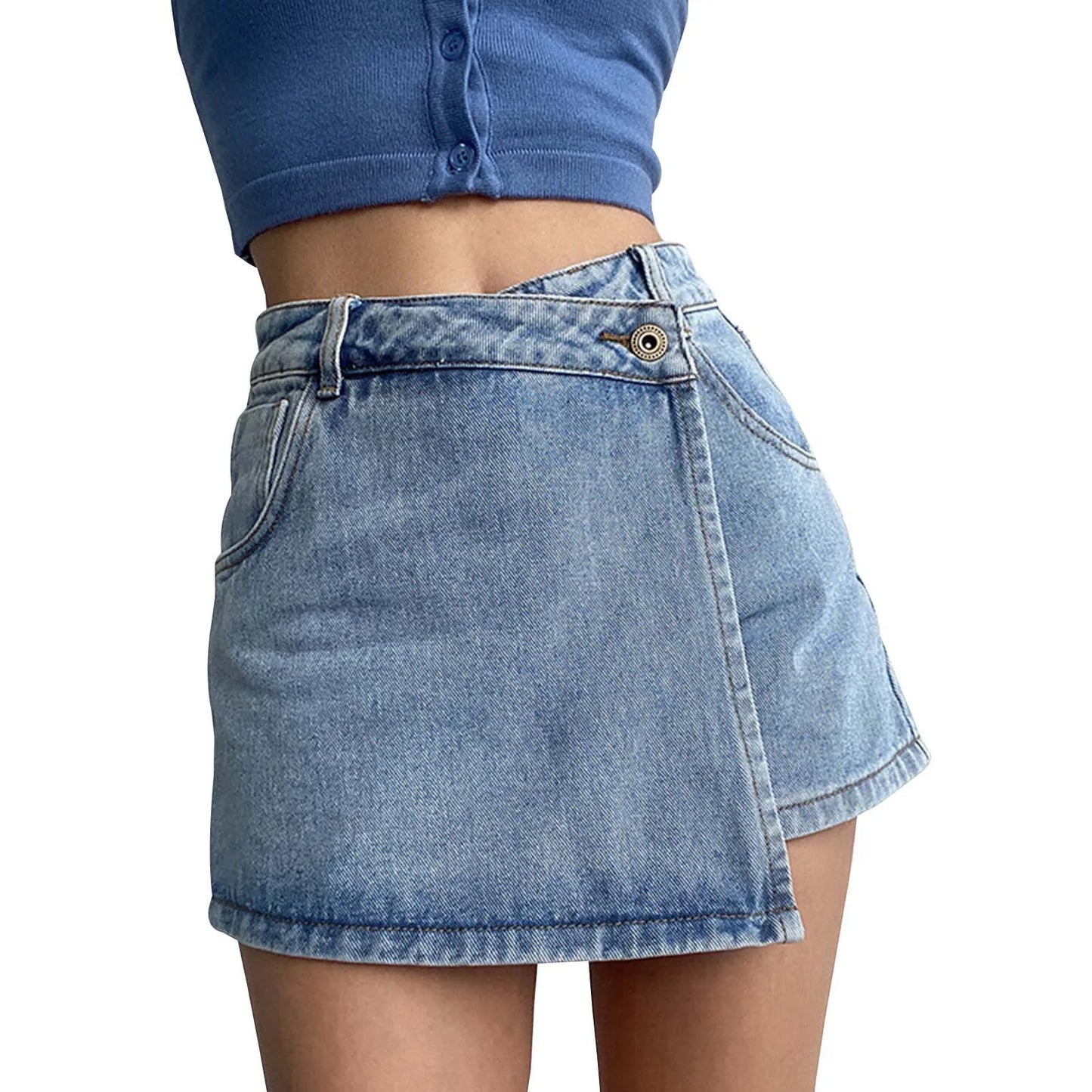 Women's High Waist A Line Denim Shorts Fashion Fake Two Pieces Design Slim Shorts Large Size Casual Versatile Shorts Skirt