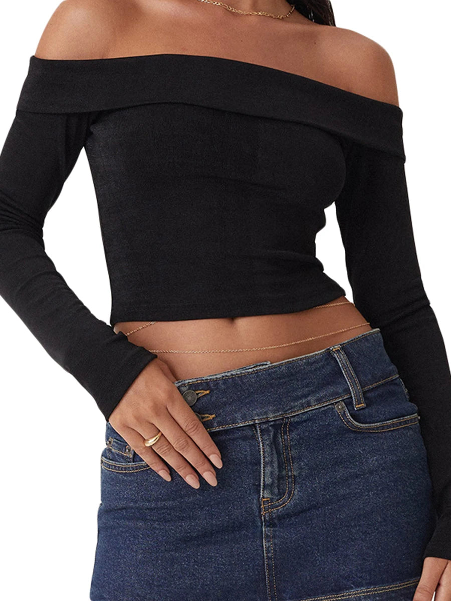 Women Sexy Off Shoulder Tops Y2k Slim Fit Long Sleeve Crop Top Fold Over Basic Tight Tee Shirts Going Out Tshirt