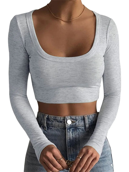 Women Short T-Shirt Long Sleeve Deep Solid Color Knit Crop Tops For Women Street Casual Party Street Spring Fall T-Shirt Tops