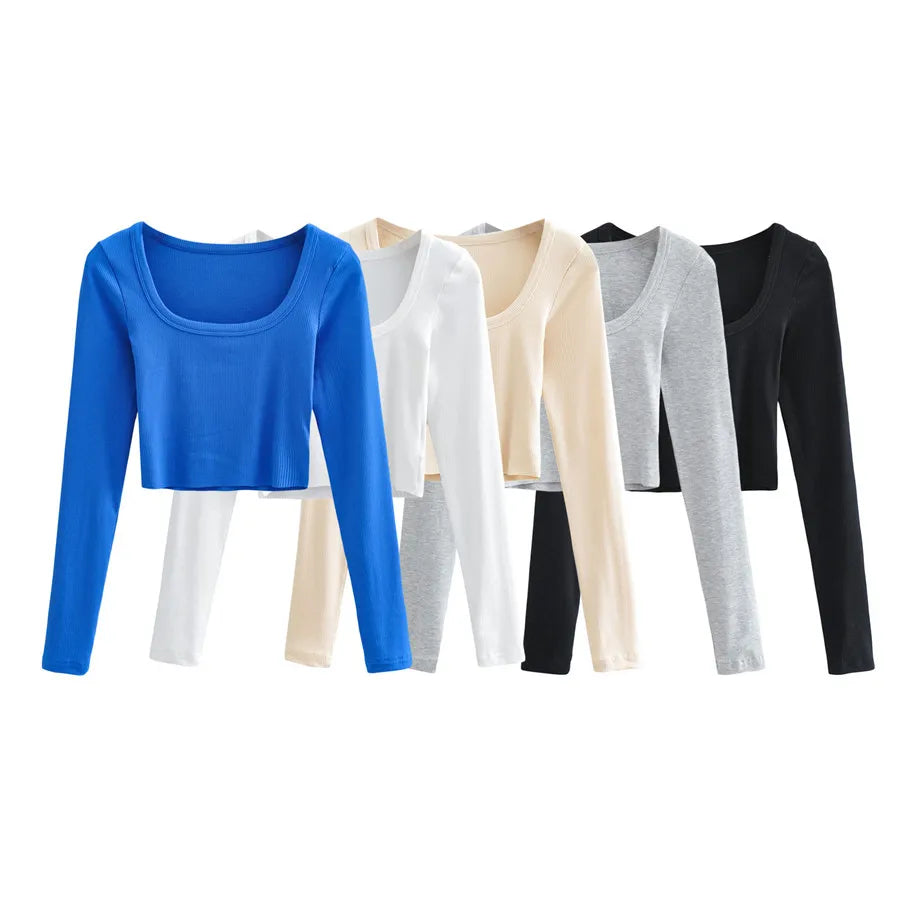 Women Short T-Shirt Long Sleeve Deep Solid Color Knit Crop Tops For Women Street Casual Party Street Spring Fall T-Shirt Tops