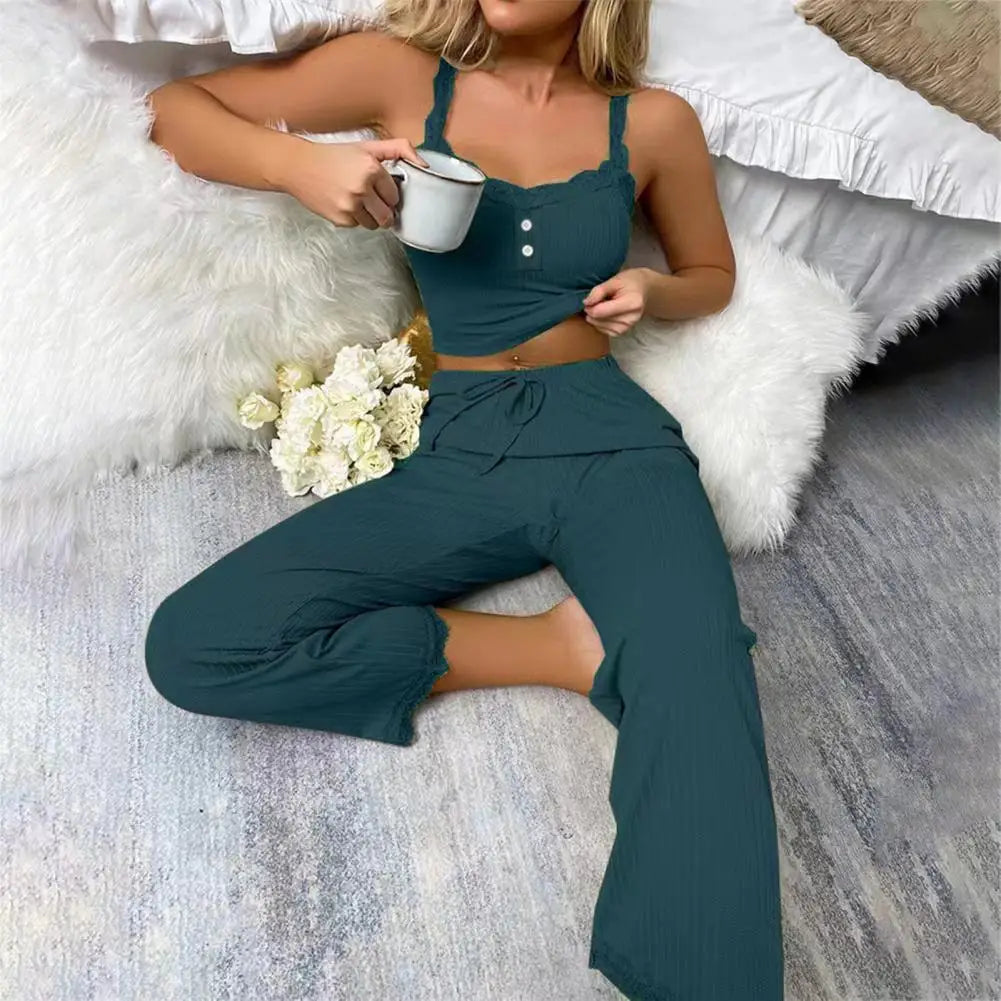 Sexy Casual Pajamas Set For Women Summer Lace  Long Trousers Sexy Two Piece Long Trousers Set Pajamas Loungewear