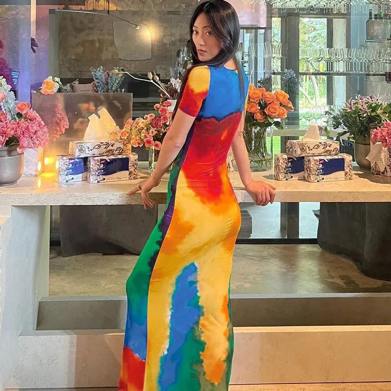 Colorful Tie Dye Short Sleeve Elegant Sexy Slim Maxi Dress 2023 Summer Women Fashion Festival Party Clothes Y2K