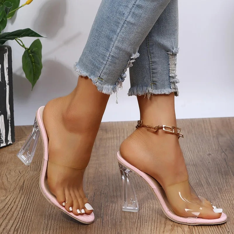 2024  Summer  Jelly Sandals Open Toe High Heels Women Transparent Heel Sandal Slippers Clear Square Heel Slip-On Slide Zapatos