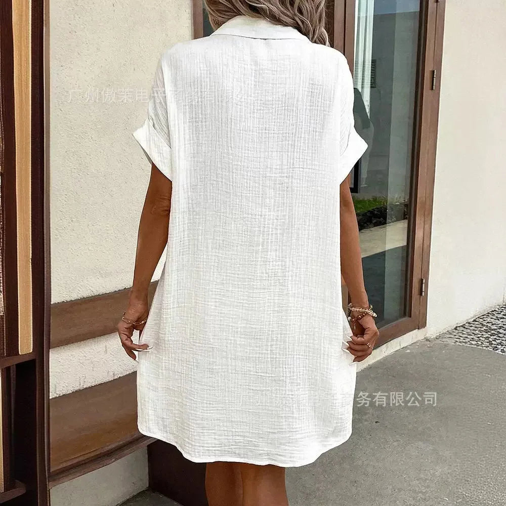 Women Dress Shirt Mid Length Dresses Turn Down Collar Casual Regular Short Sleeve Solid Loose Elegant Splice Vestidos 2024