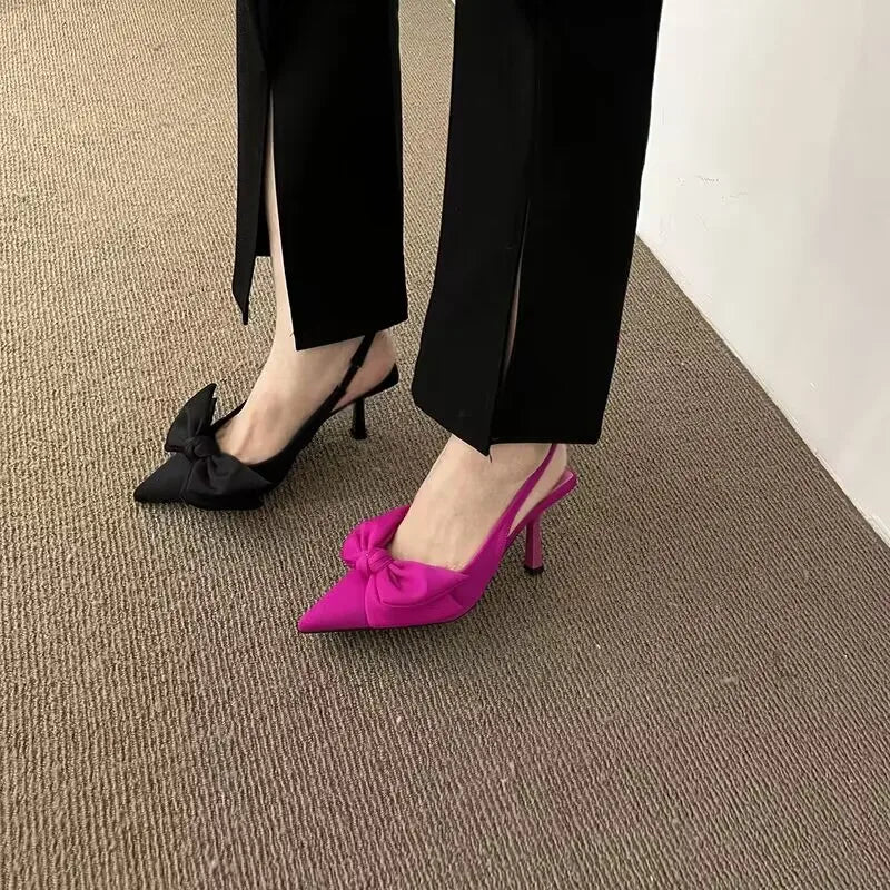 Heeled Sandals 2023 Summer New Butterfly Knot Women Slingbacks Shoes Sexy Dress Thin Heel Pointed Toe Ladies Wedding High Heels