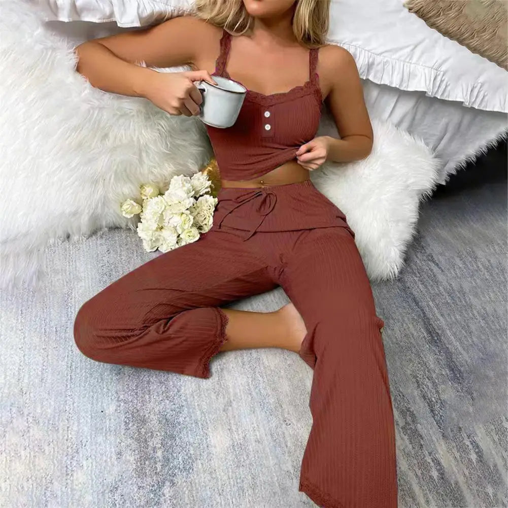 Sexy Casual Pajamas Set For Women Summer Lace  Long Trousers Sexy Two Piece Long Trousers Set Pajamas Loungewear