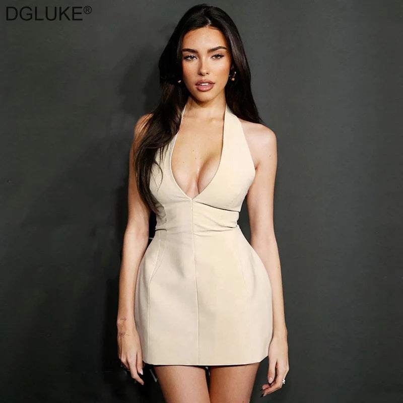 Deep V-Neck Halter Mini Dress Summer Fashion Short Cocktail Party Dress Sexy Backless Night Club Dress Outfit