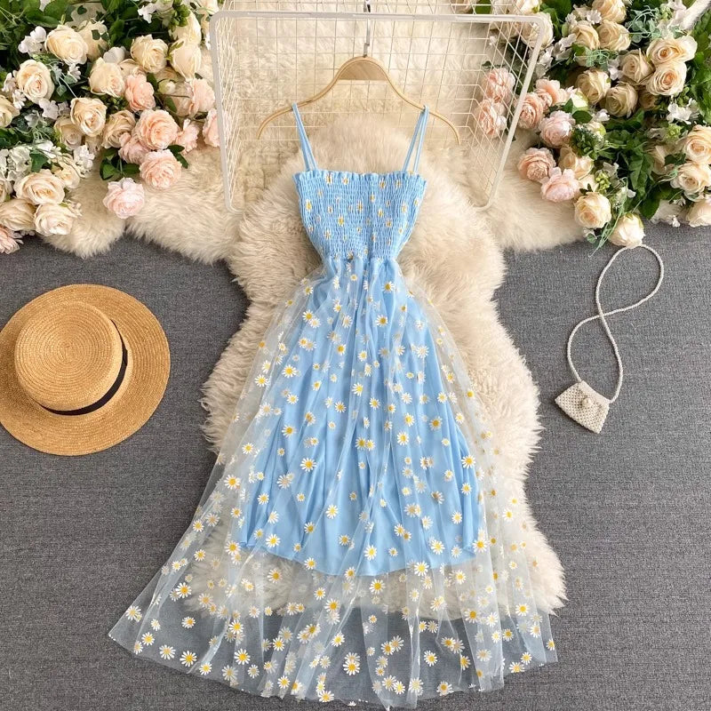 Women Dress 2024 New Summer Fashion Fairy Mesh Party Dress Korean Pop Floral Print Vacation Beach Dress Streetwear Sundress