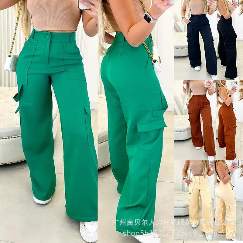 Wide Leg Trousers Solid Color Streetwear Fashion Cargo Pants Women Green Casual Patch Pocket High Waist Straight Pants