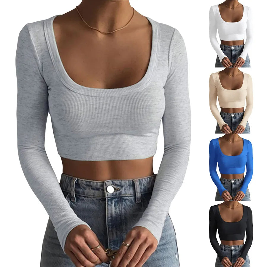 Women Short T-Shirt Long Sleeve Deep Solid Color Knit Crop Tops For Women Street Casual Party Street Spring Fall T-Shirt Tops