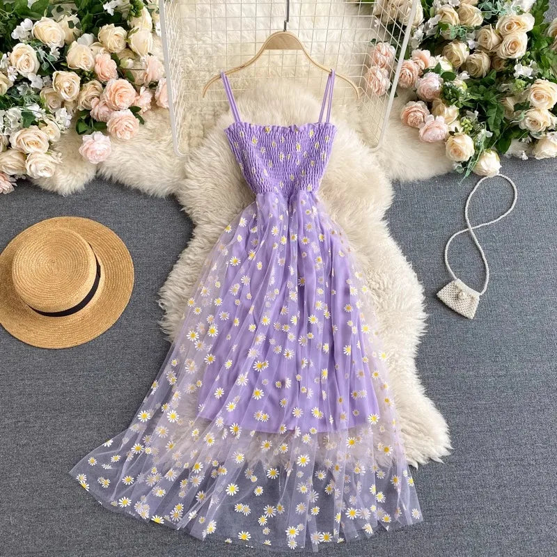 Women Dress 2024 New Summer Fashion Fairy Mesh Party Dress Korean Pop Floral Print Vacation Beach Dress Streetwear Sundress