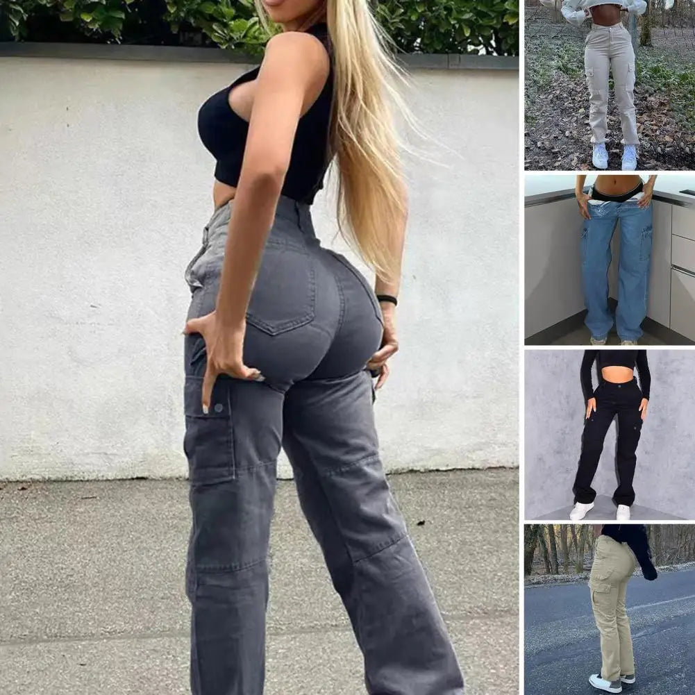 Zipper Button Placket Pants Stylish Women's High Waist Cargo Pants with Multiple Pockets Soft Fabric Butt-lifting for Ladies