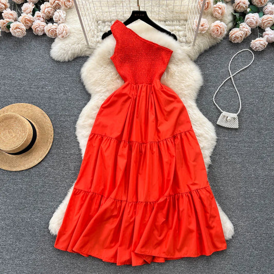 Chic One Shoulder Pleated Sleeveless A-line Dress Slim High Waist Evening Party Diagonal Collar Dress Women Summer Vestidos