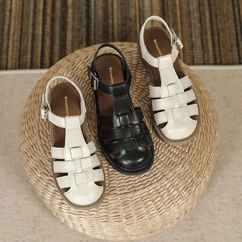 Women's Closed toe Sandals 2024 Summer New Women Roman vintage Buckle Strap Sandals Punk Thick Soled Fashion Woven Beach Sandals