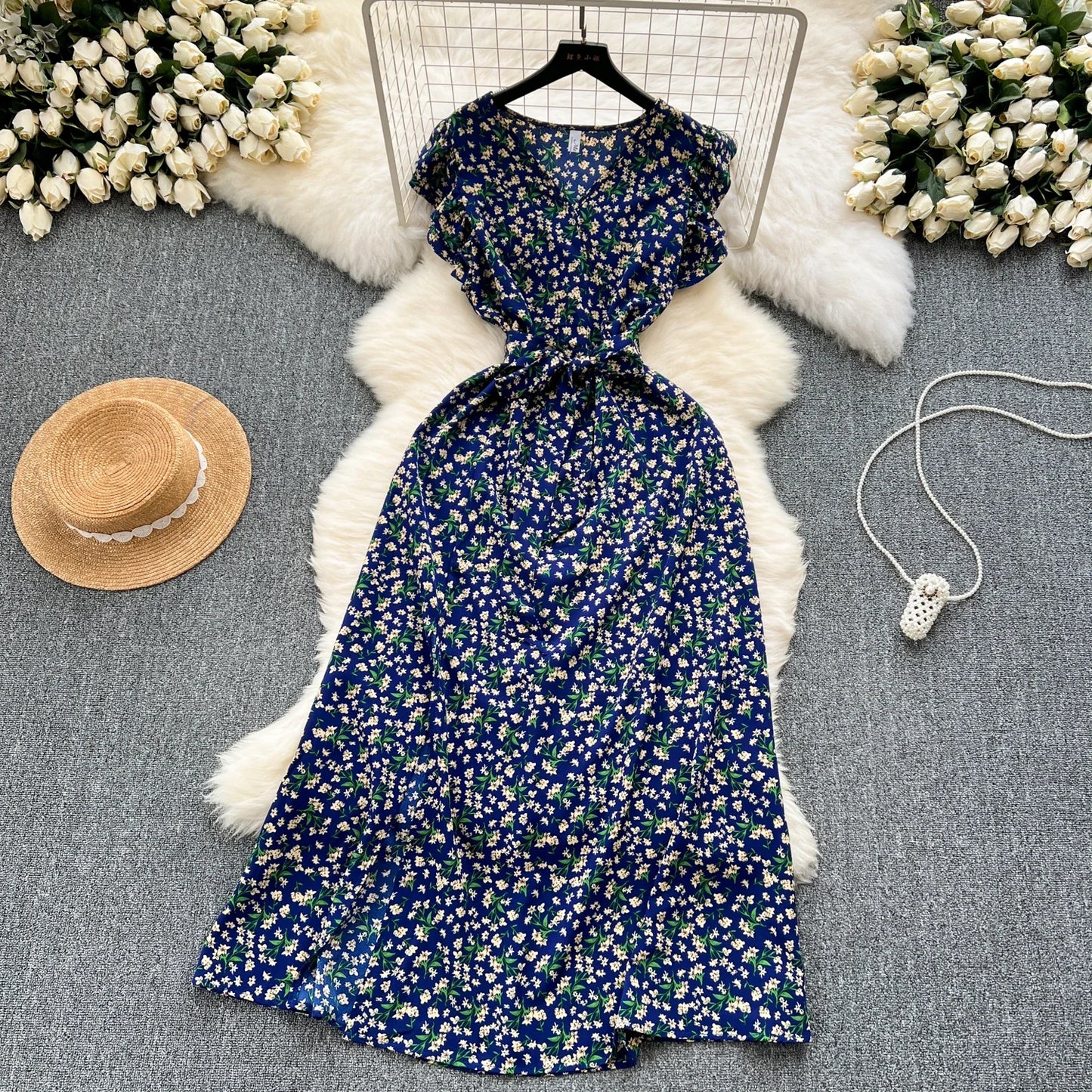 Summer Women Floarl Dress Vintage V-Neck 2024 Printed A-Line Elegant Split Midi Vestidos Female Casual Robe Bohemian