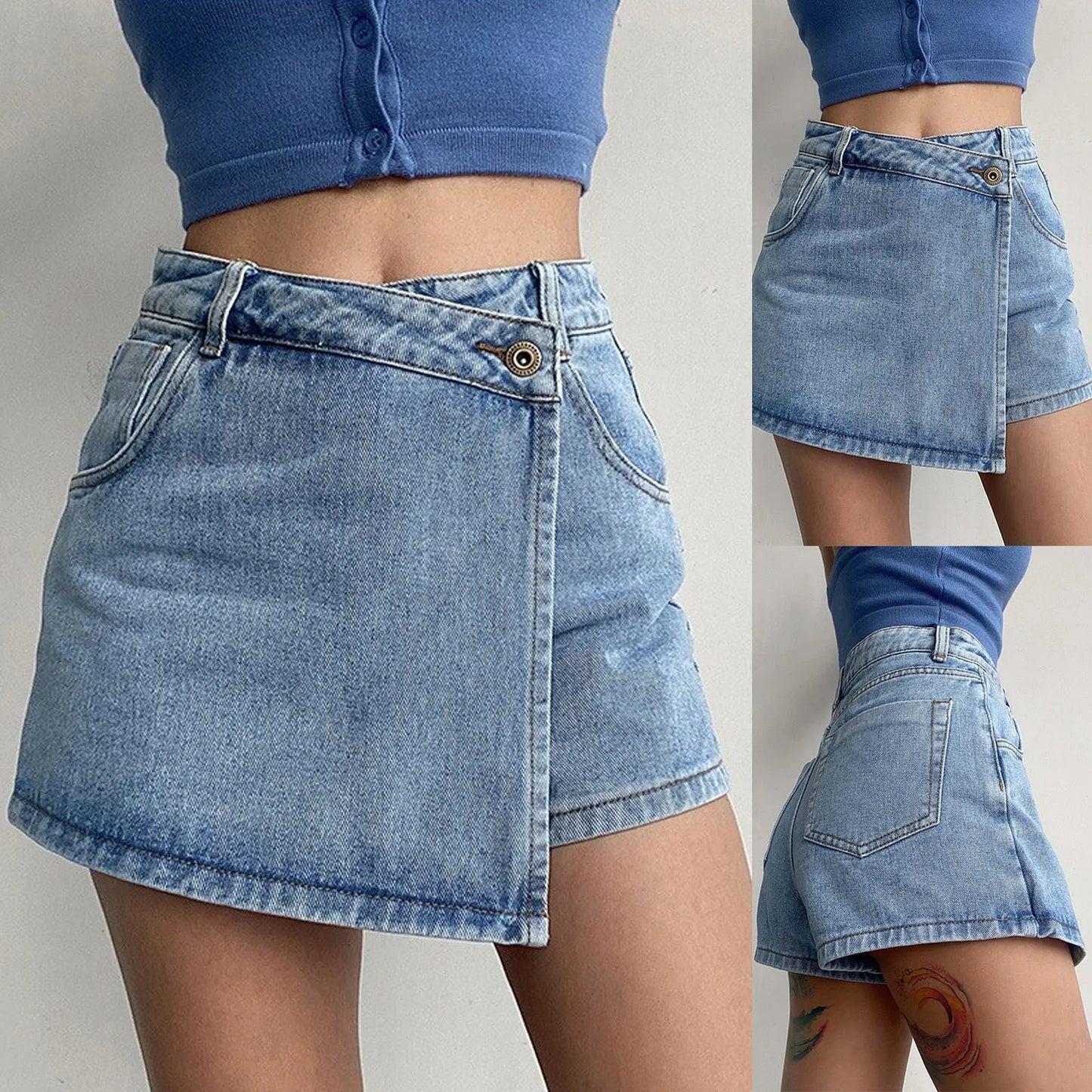 Women's High Waist A Line Denim Shorts Fashion Fake Two Pieces Design Slim Shorts Large Size Casual Versatile Shorts Skirt