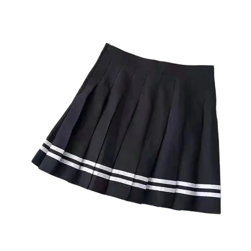 Spring and summer new striped a-line skirt pleated college style high waist side zipper skirts for women students