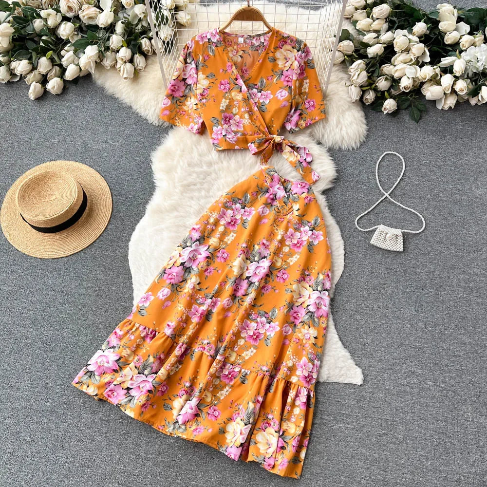 Summer Print Beach Two Pieces Sets Lace Up Floral Top+Elastic Waist Long Skirt Streetwear Vacation Chiffon Bohe Suits