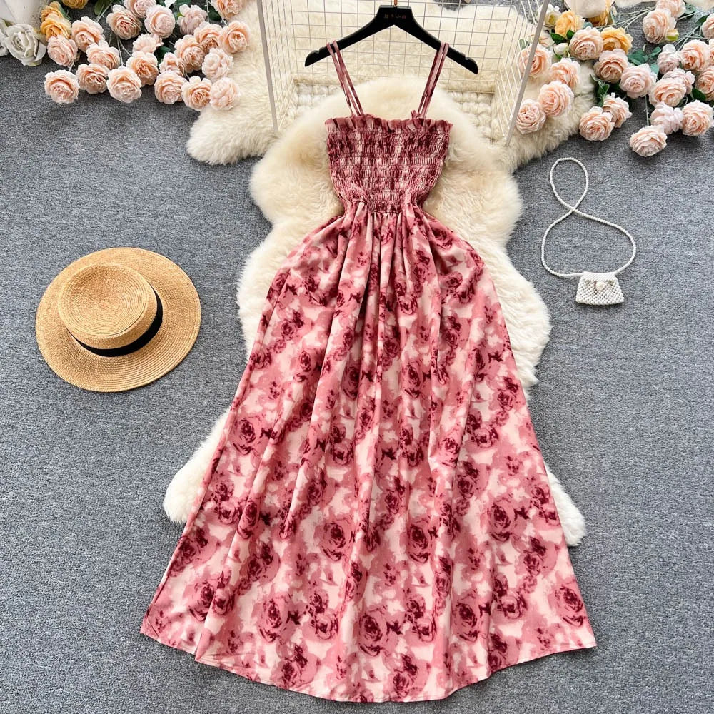 YuooMuoo Korean Fashion Rose Flower Print Romantic Retro Party Dress Summer Elastic High Waist Vacation Long Dress Beach Vestido