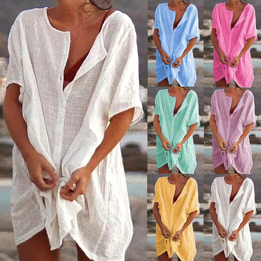 2023 Beach Cover Ups Swimsuit Cover Up Women Summer Beach Dress Bikini Cover-Ups Beachwear Swimming Smock T Shirt Swimwear