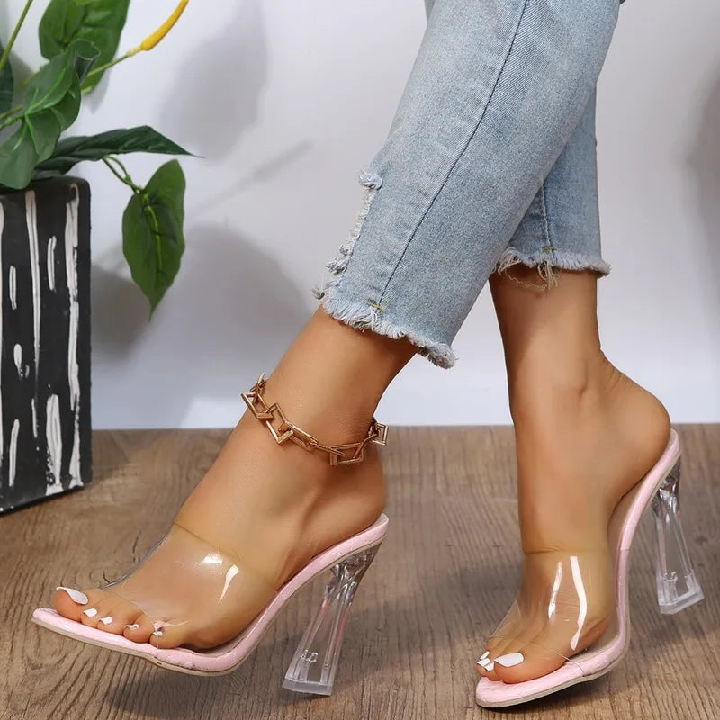 2024  Summer  Jelly Sandals Open Toe High Heels Women Transparent Heel Sandal Slippers Clear Square Heel Slip-On Slide Zapatos