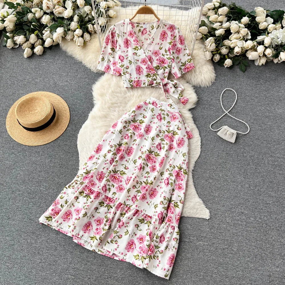 Summer Print Beach Two Pieces Sets Lace Up Floral Top+Elastic Waist Long Skirt Streetwear Vacation Chiffon Bohe Suits