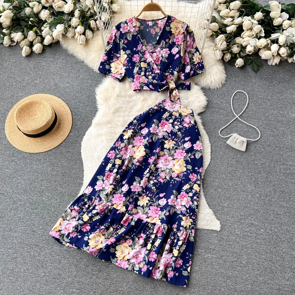 Summer Print Beach Two Pieces Sets Lace Up Floral Top+Elastic Waist Long Skirt Streetwear Vacation Chiffon Bohe Suits