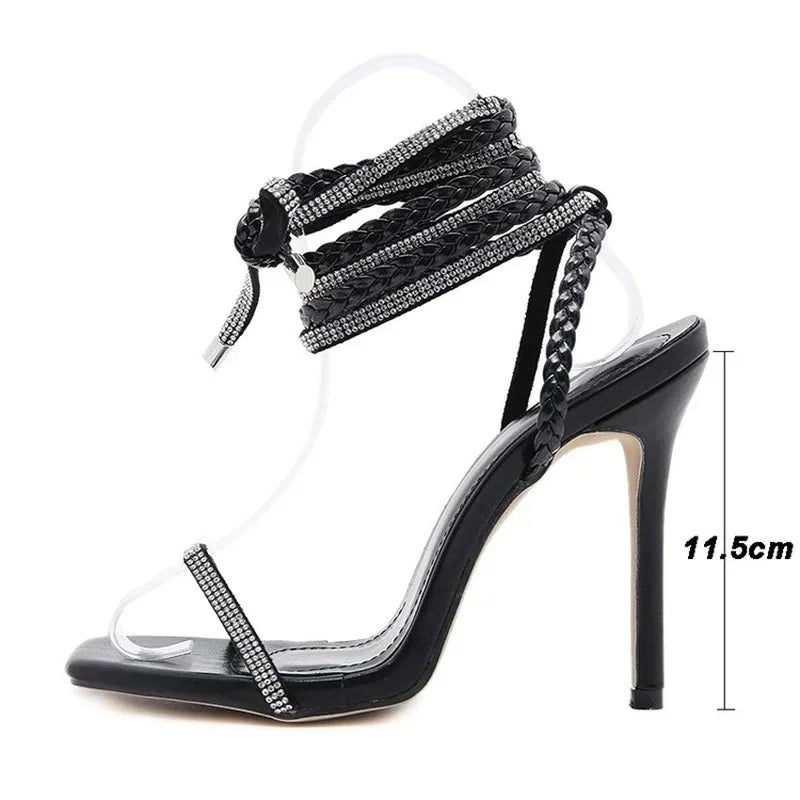 2022 Summer Woman Shoes High Heels Sexy Leather Gladiator Sandals Fashion Black Ankle Strap Crystal Open Toe Shoes Sandalias