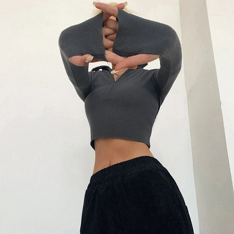 solid color casual T-shirt women long sleeves turtleneck crop tops sexy simple style party club 2022 spring summer new