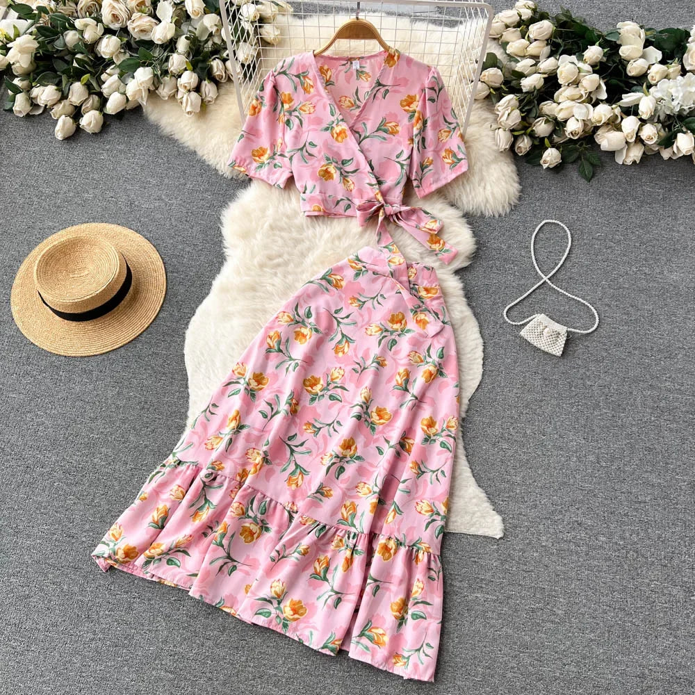 Summer Print Beach Two Pieces Sets Lace Up Floral Top+Elastic Waist Long Skirt Streetwear Vacation Chiffon Bohe Suits