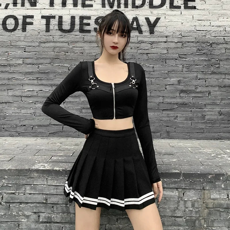 High Waist Mini Black Skirts Gothic Streetwear Cross Print Pleated Women Skirts Emo Fairy Grunge Lolita Harajuku Skirt