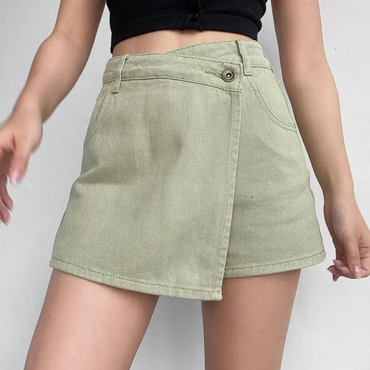 Mini Denim Skirt Shorts Women A-line Fake Two-piece High Waist Tummy Control Slim Vintage Summer Asymmetrical Student Shorts