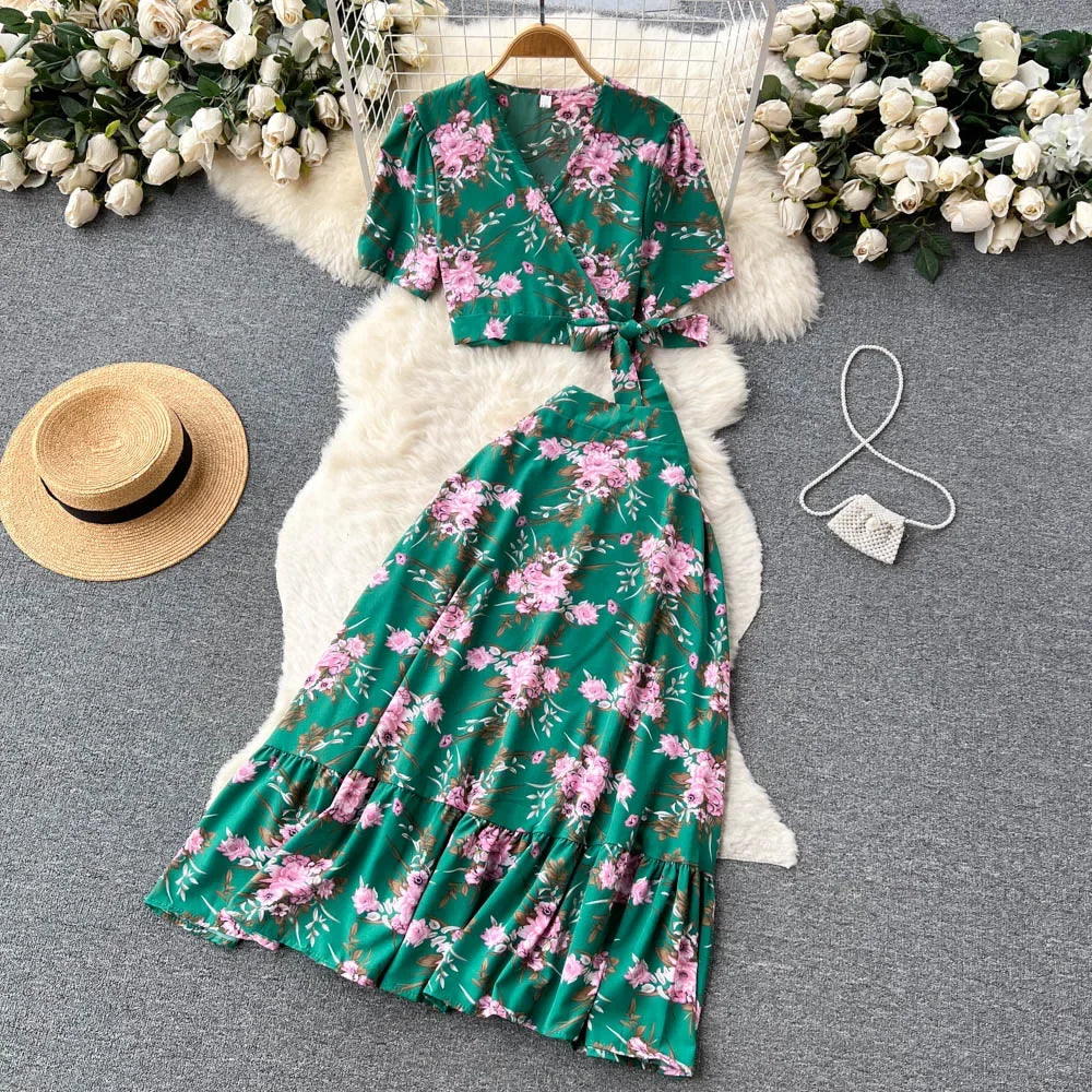 Summer Print Beach Two Pieces Sets Lace Up Floral Top+Elastic Waist Long Skirt Streetwear Vacation Chiffon Bohe Suits