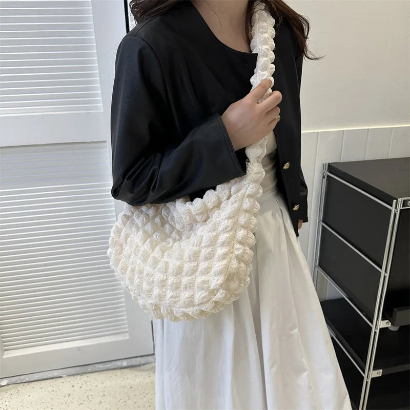 Large Capacity Shoulder Bag Embroidered Plaid Quilted Crossbody Bag Underarm Bag Tote Bag Tote Bag Pleated Bubbles Handbag