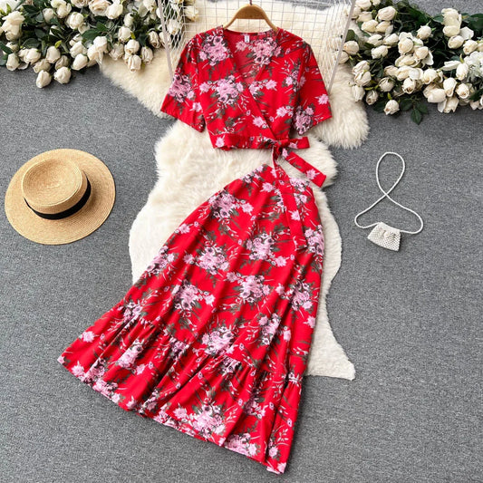 Summer Print Beach Two Pieces Sets Lace Up Floral Top+Elastic Waist Long Skirt Streetwear Vacation Chiffon Bohe Suits