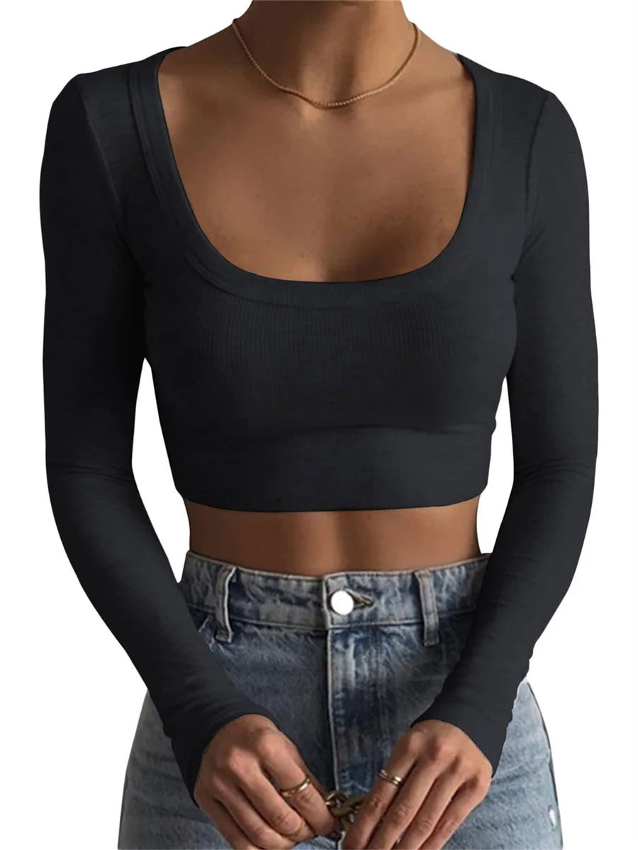 Women Short T-Shirt Long Sleeve Deep Solid Color Knit Crop Tops For Women Street Casual Party Street Spring Fall T-Shirt Tops