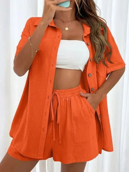 Fashion Solid Color Set for Women Casual Loose Short Sleeve Single Breasted 2 Piece Sets Womens Outfits