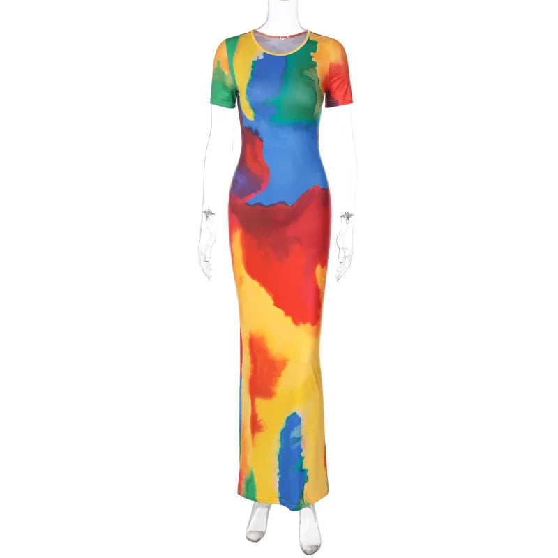 Colorful Tie Dye Short Sleeve Elegant Sexy Slim Maxi Dress 2023 Summer Women Fashion Festival Party Clothes Y2K